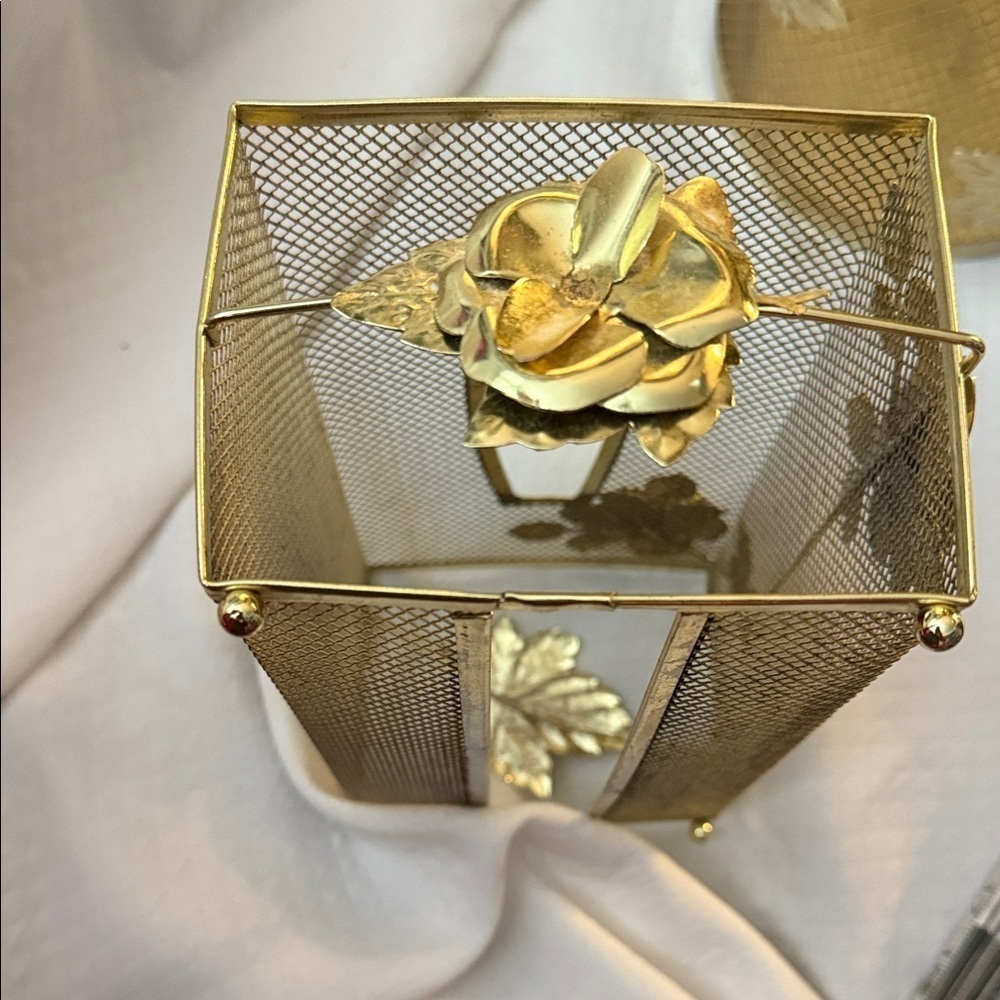 Vintage Hollywood Regency Gold Mesh Wastebasket & Tissue Box Cover Ornate Floral - Picture 4 of 15
